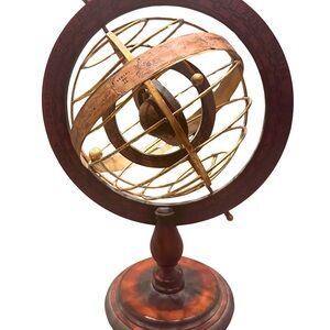 Rare 1920s Wood and Brass Armillary Sphere with Double Rotating Globe